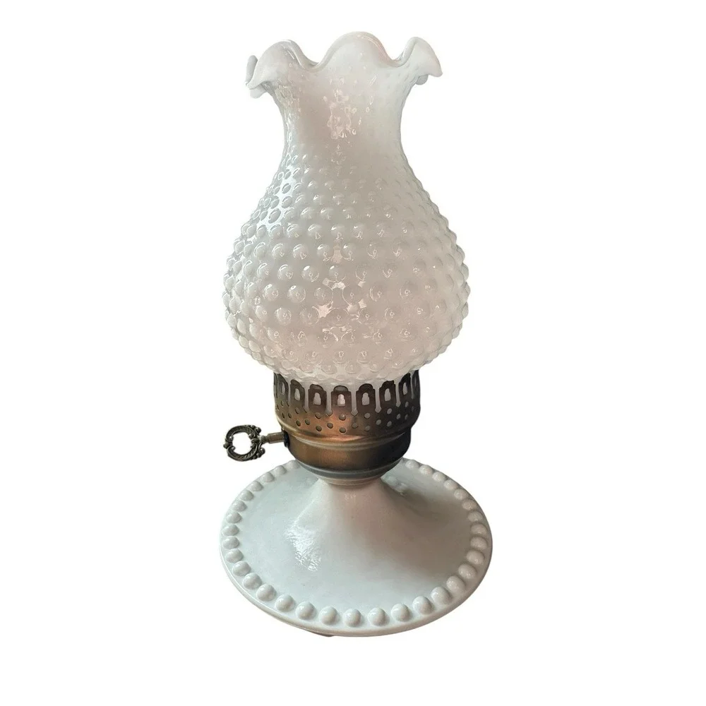 Hobnail Milk Glass Hurricane Lamps Vintage Fenton Style Working Set Pair of 2